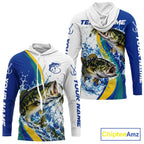 Largemouth Bass Fishing Blue Camo Custom Name Long Sleeves Hooded Fishing Shirts, Bass Fishing Jersey