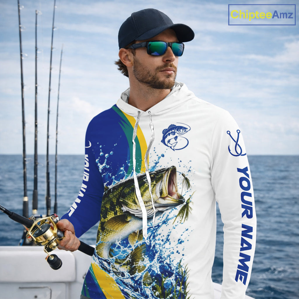Largemouth Bass Fishing Blue Camo Custom Name Long Sleeves Hooded Fishing Shirts, Bass Fishing Jersey