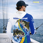 Largemouth Bass Fishing Blue Camo Custom Name Long Sleeves Hooded Fishing Shirts, Bass Fishing Jersey