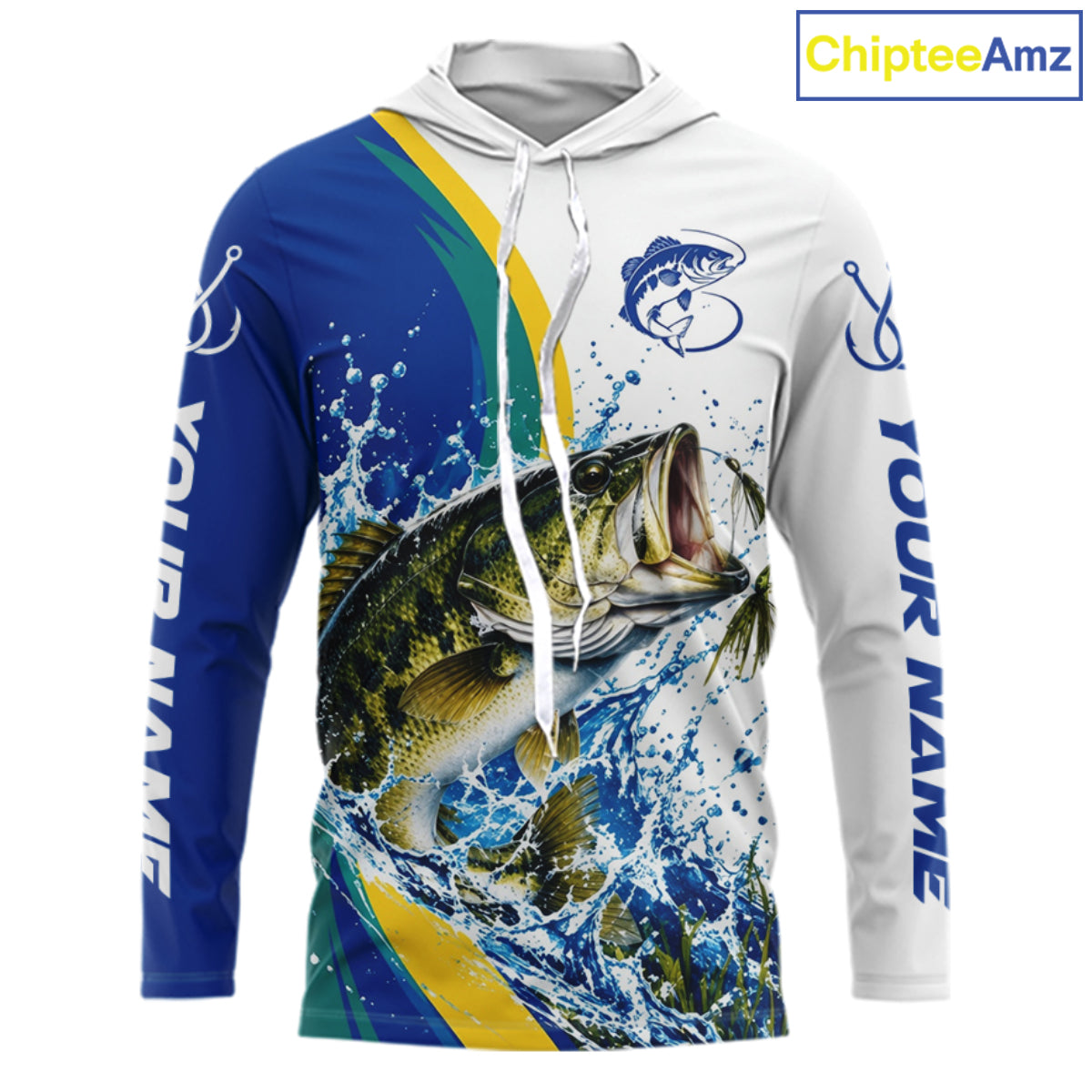 Largemouth Bass Fishing Blue Camo Custom Name Long Sleeves Hooded Fishing Shirts, Bass Fishing Jersey