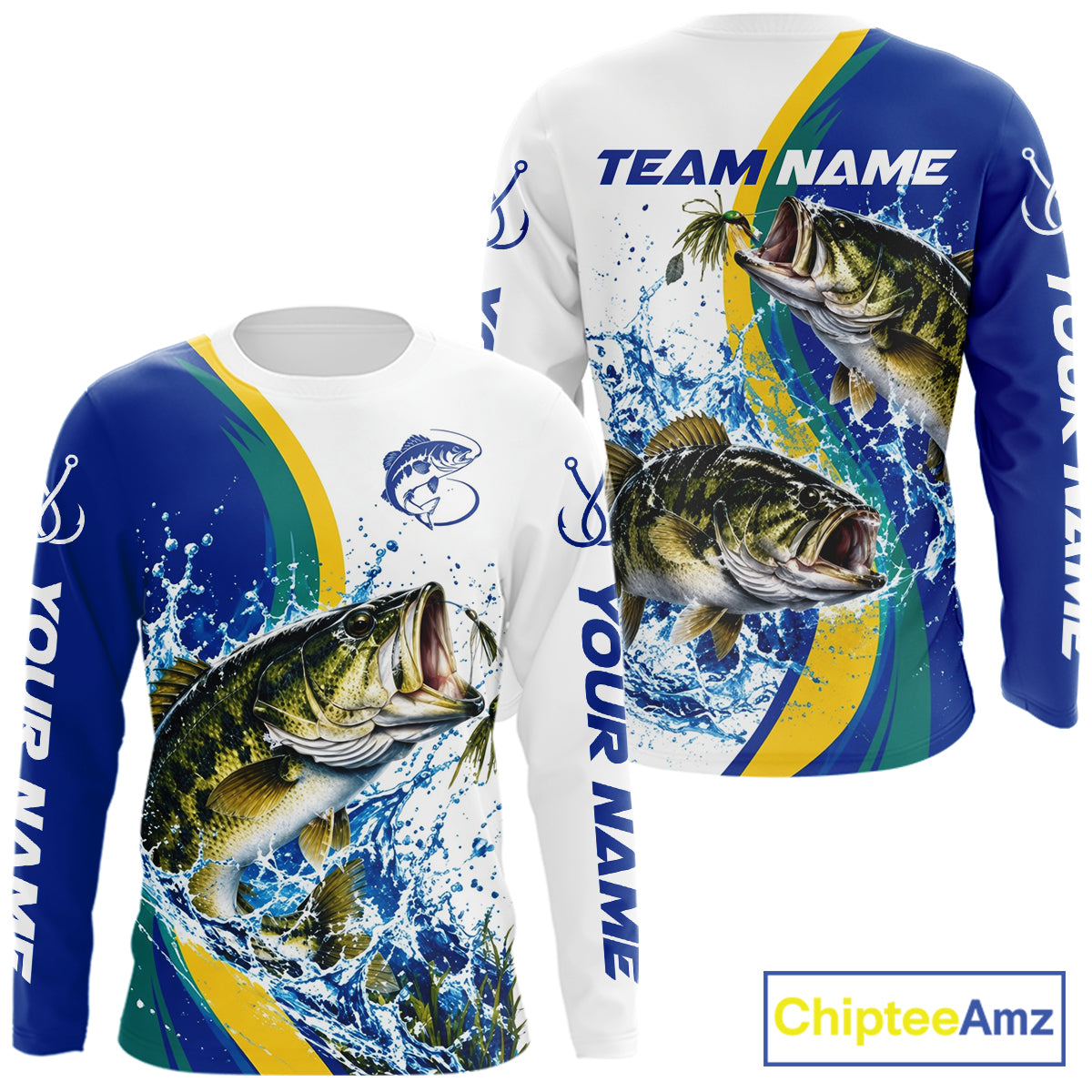 Largemouth Bass Fishing Blue Camo Custom Name Long Sleeves Fishing Shirts, Bass Fishing Jersey
