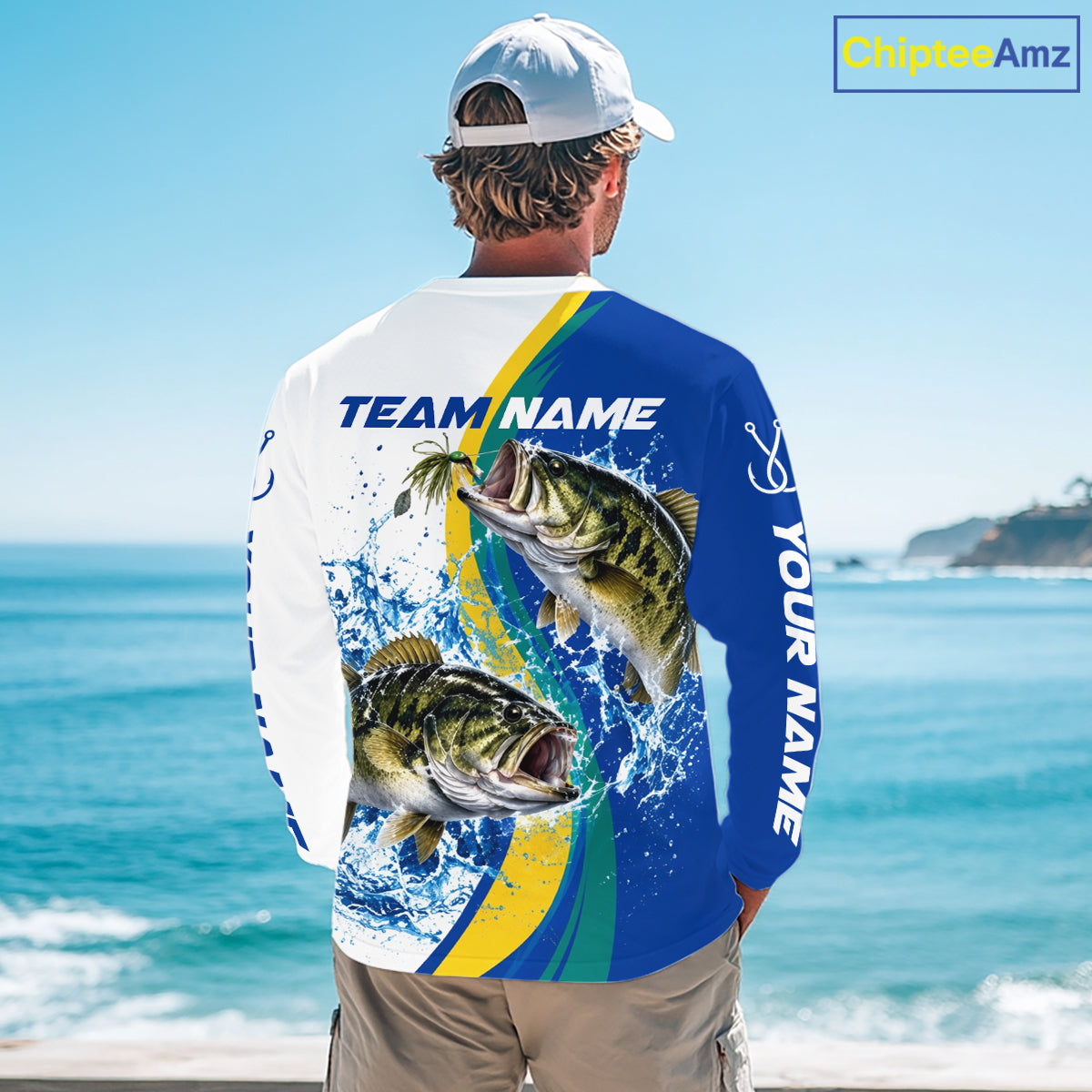 Largemouth Bass Fishing Blue Camo Custom Name Long Sleeves Fishing Shirts, Bass Fishing Jersey