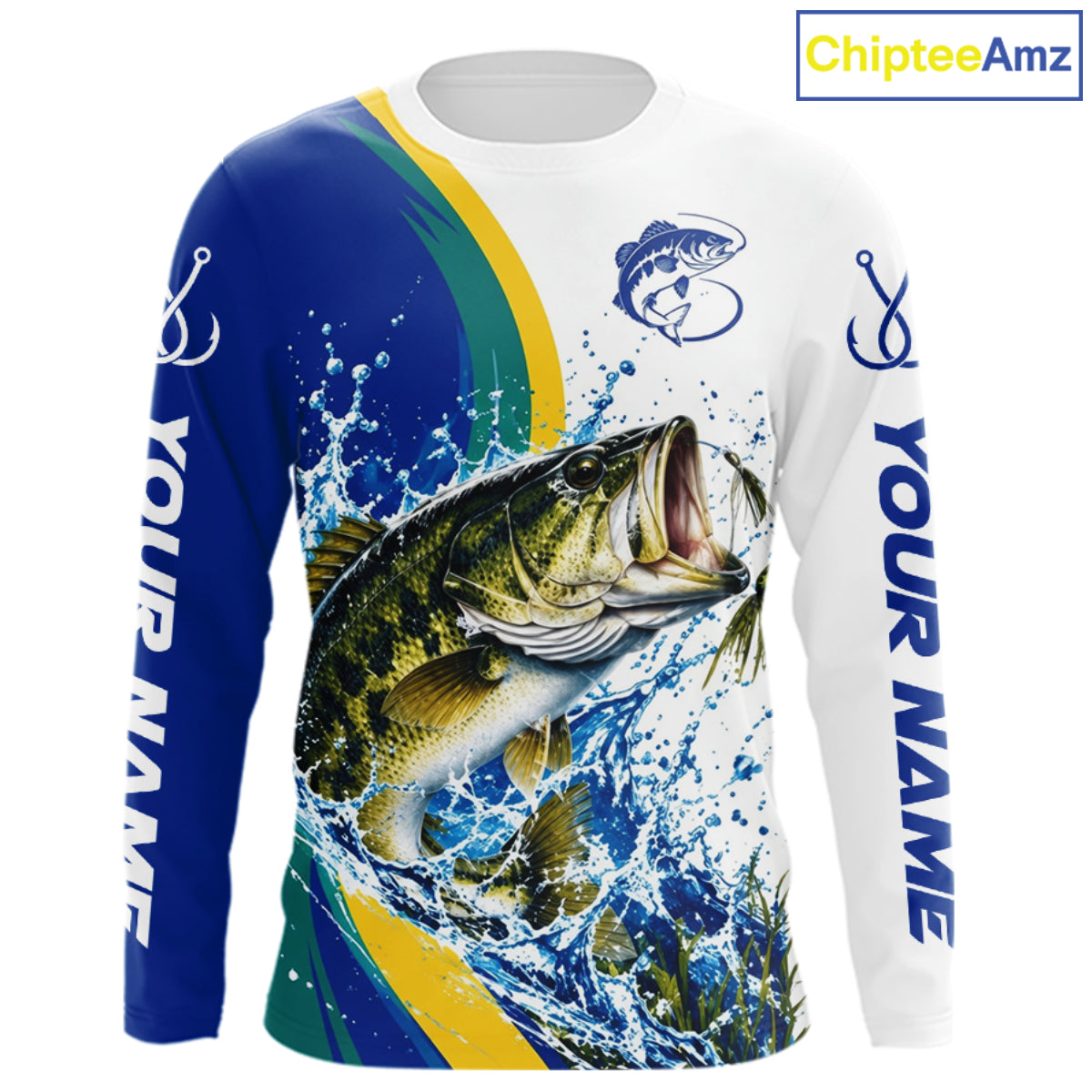 Largemouth Bass Fishing Blue Camo Custom Name Long Sleeves Fishing Shirts, Bass Fishing Jersey