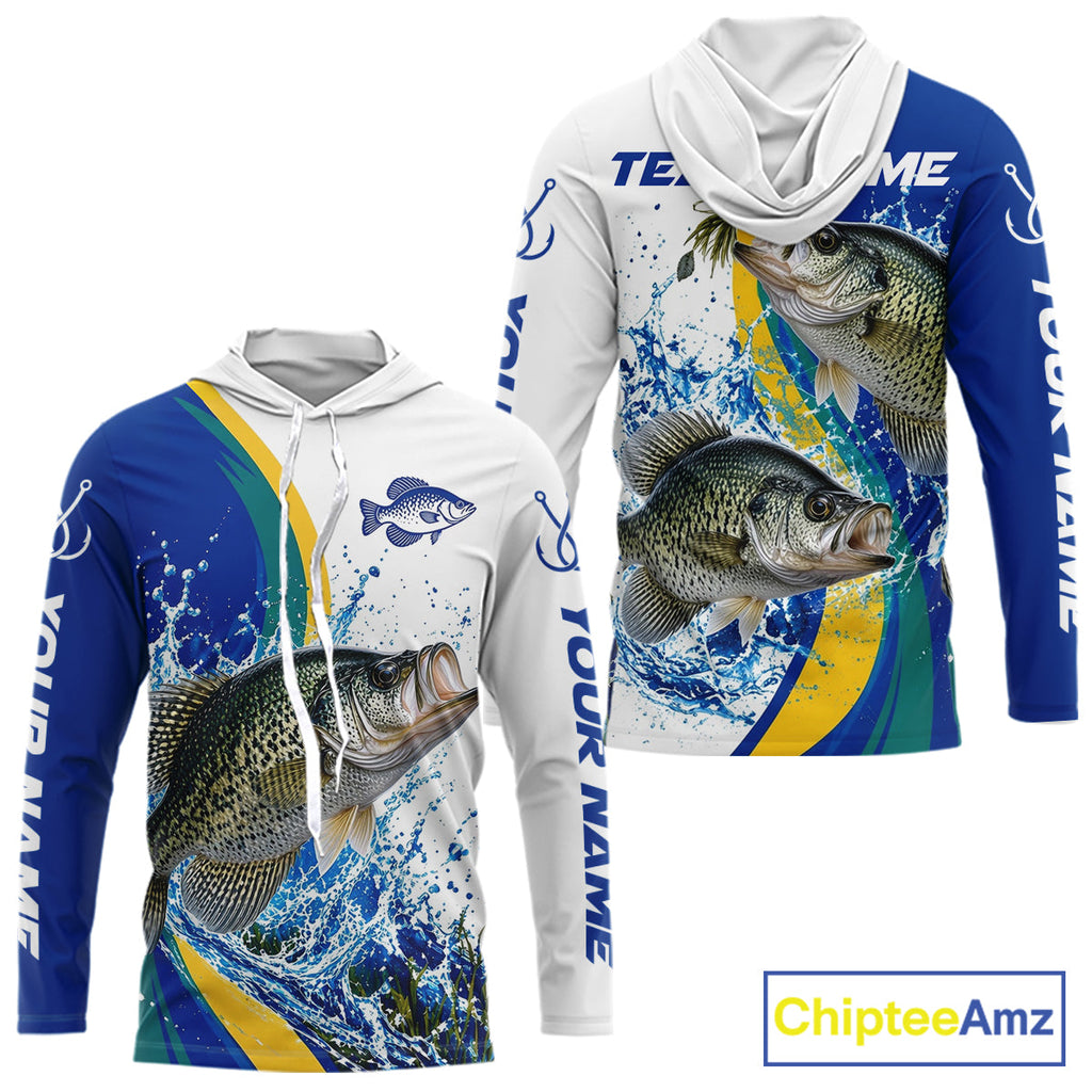 Crappie Fishing Blue Camo Custom Name Long Sleeves Hooded Fishing Shirts, Crappie Fishing Jersey
