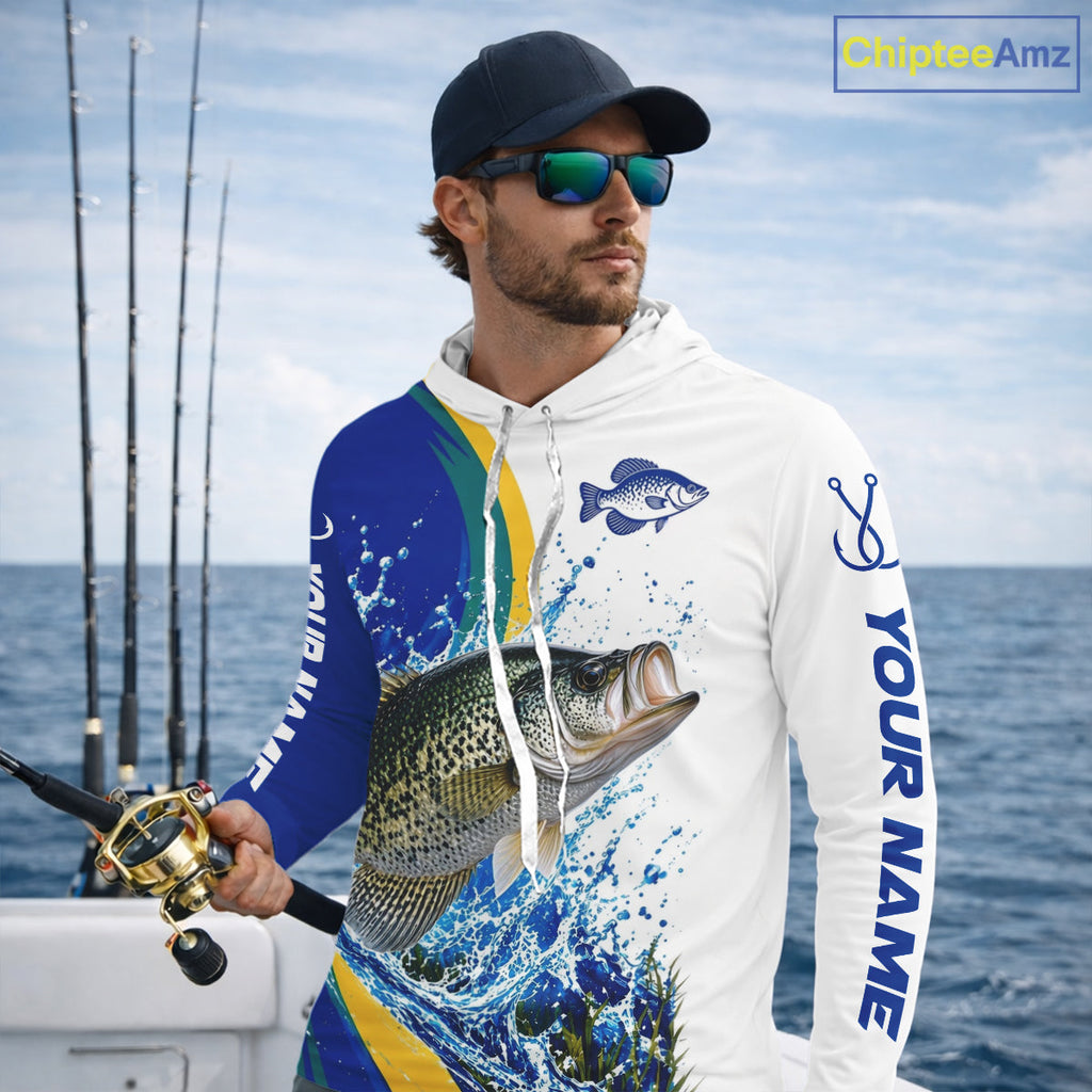 Crappie Fishing Blue Camo Custom Name Long Sleeves Hooded Fishing Shirts, Crappie Fishing Jersey