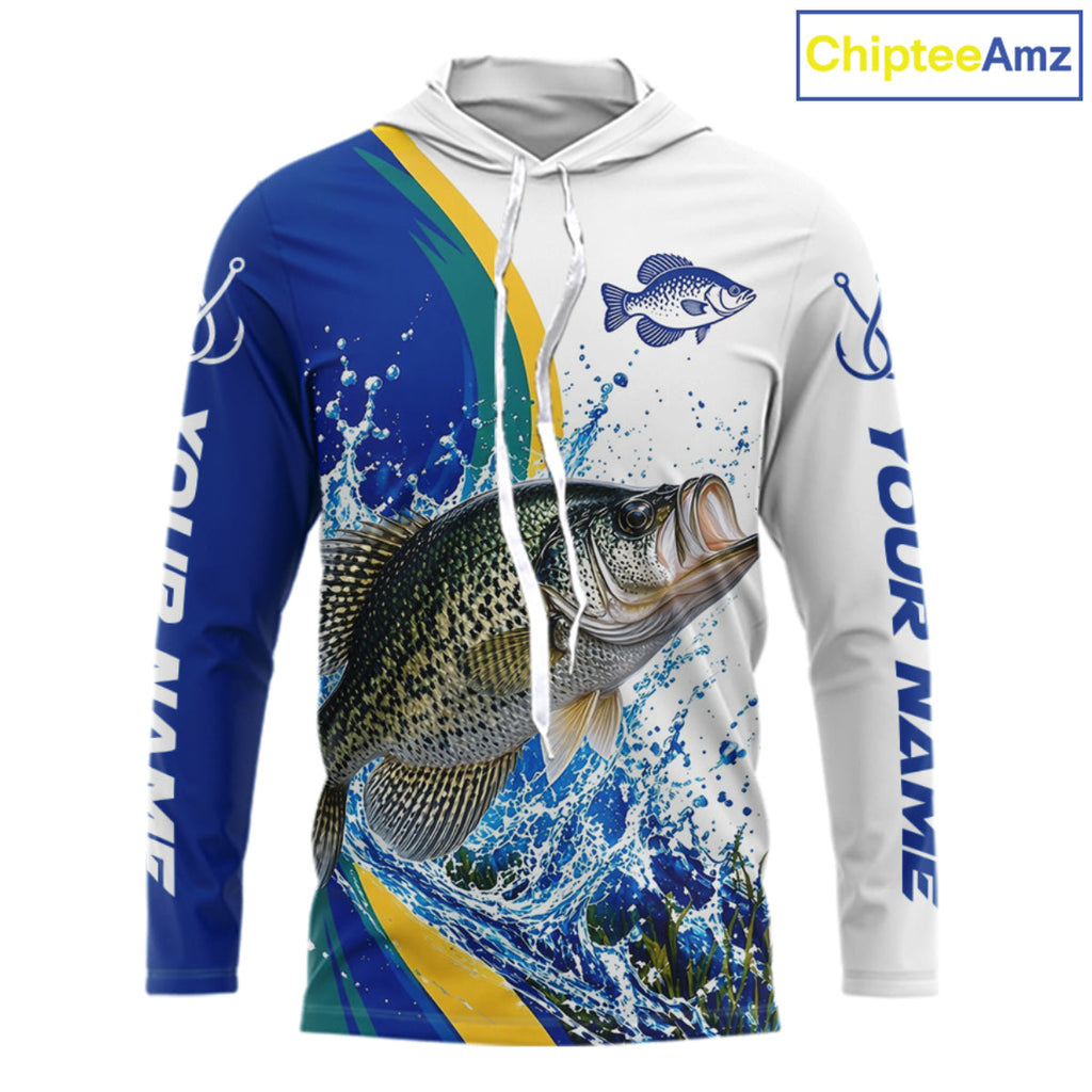 Crappie Fishing Blue Camo Custom Name Long Sleeves Hooded Fishing Shirts, Crappie Fishing Jersey