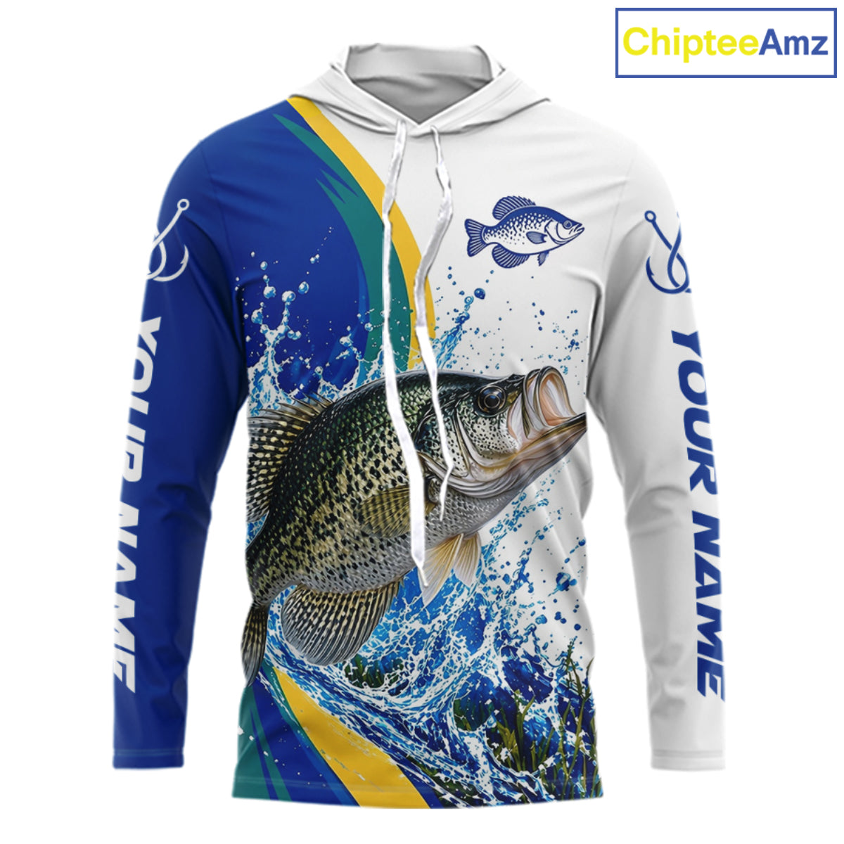 Crappie Fishing Blue Camo Custom Name Long Sleeves Hooded Fishing Shirts, Crappie Fishing Jersey