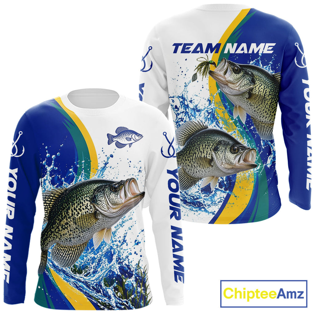 Crappie Fishing Blue Camo Custom Name Long Sleeves Fishing Shirts, Crappie Fishing Jersey