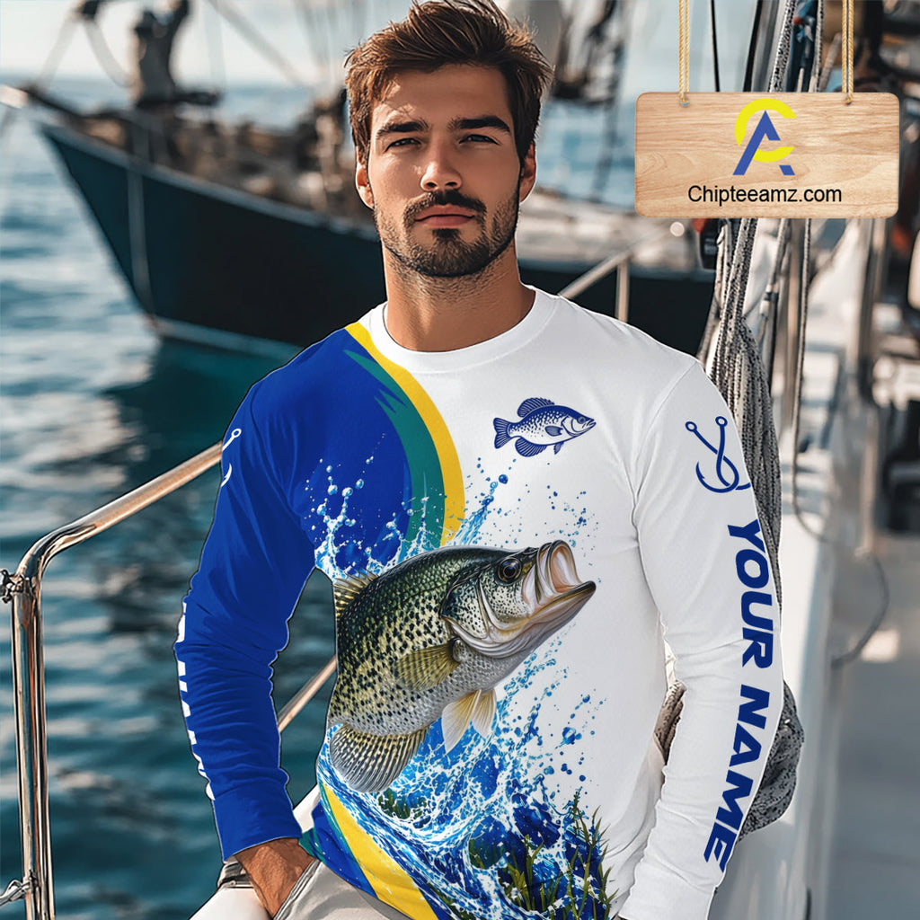 Crappie Fishing Blue Camo Custom Name Long Sleeves Fishing Shirts, Crappie Fishing Jersey