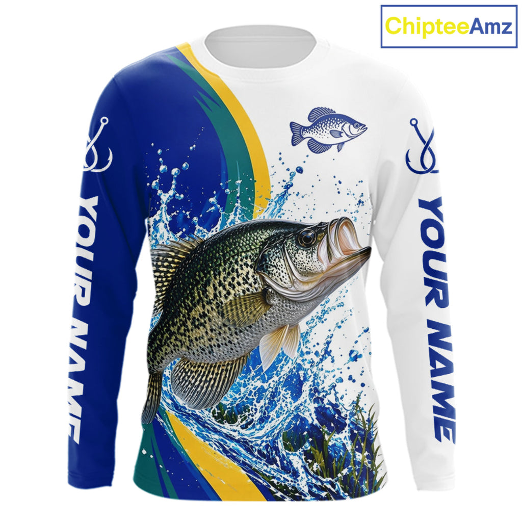 Crappie Fishing Blue Camo Custom Name Long Sleeves Fishing Shirts, Crappie Fishing Jersey