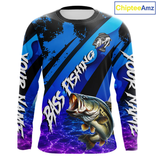 Personalized Purple Water Surface Largemouth Bass Long Sleeve Fishing Shirts, Bass Fishing Jerseys