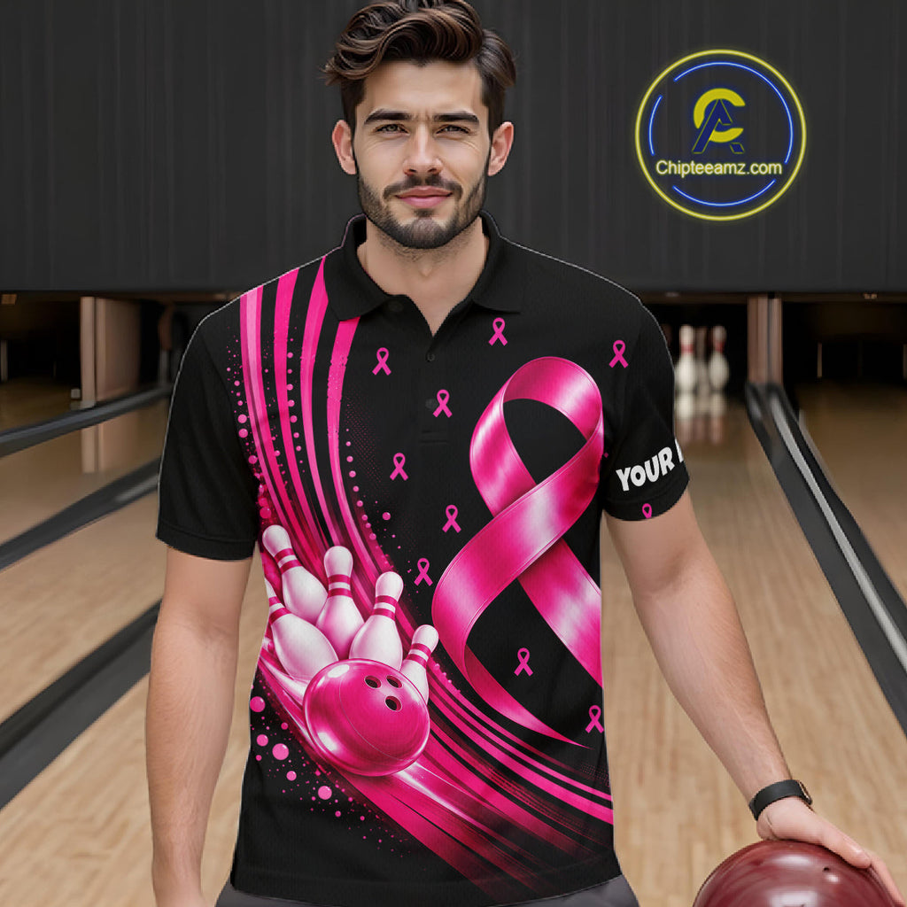 Breast Cancer Awareness Bowling Shirts Custom Polo 1/4 Zip Pink Ribbon Bowling Team Jersey