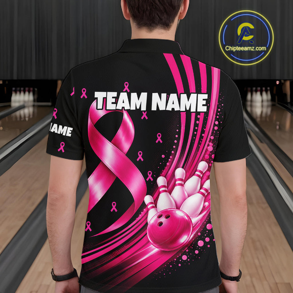 Breast Cancer Awareness Bowling Shirts Custom Polo 1/4 Zip Pink Ribbon Bowling Team Jersey