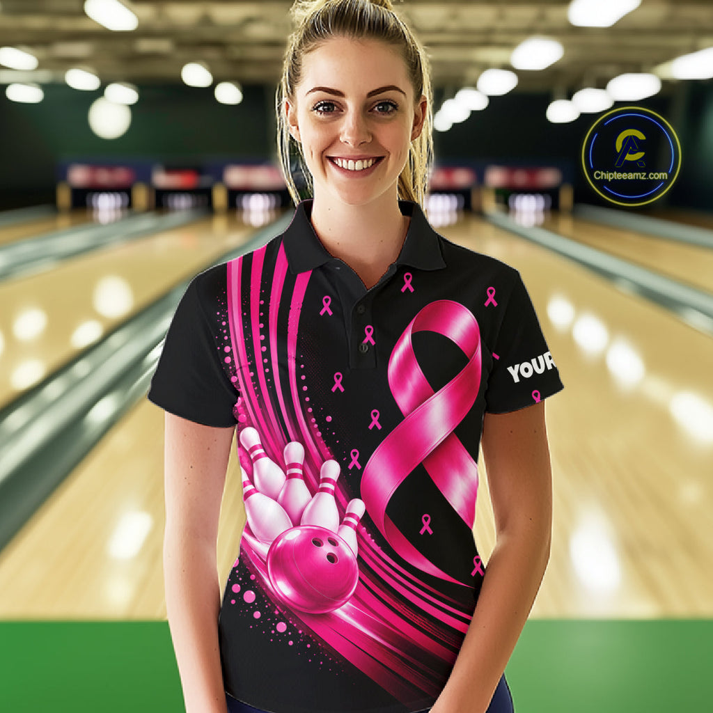 Breast Cancer Awareness Bowling Shirts Custom Polo 1/4 Zip Pink Ribbon Bowling Team Jersey