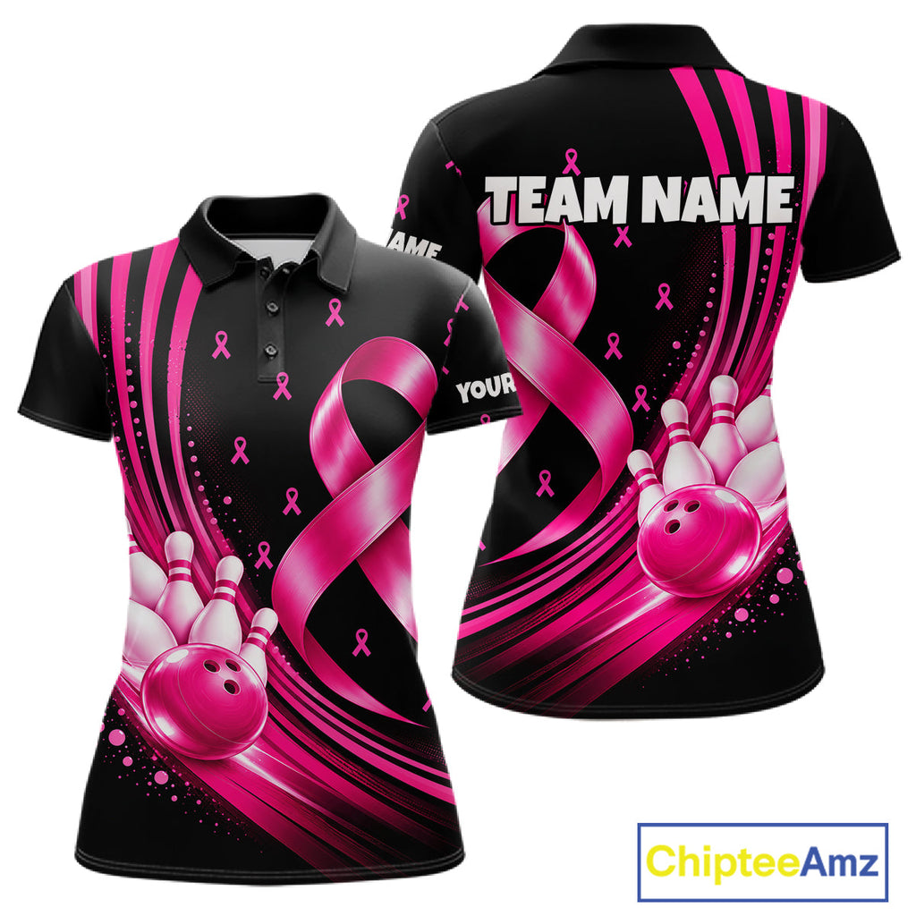 Breast Cancer Awareness Bowling Shirts Custom Polo 1/4 Zip Pink Ribbon Bowling Team Jersey