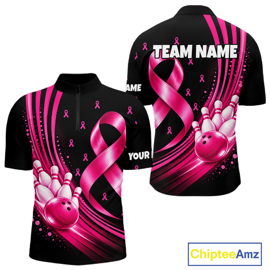 Breast Cancer Awareness Bowling Shirts Custom Polo 1/4 Zip Pink Ribbon Bowling Team Jersey