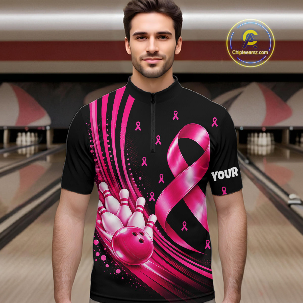 Breast Cancer Awareness Bowling Shirts Custom Polo 1/4 Zip Pink Ribbon Bowling Team Jersey