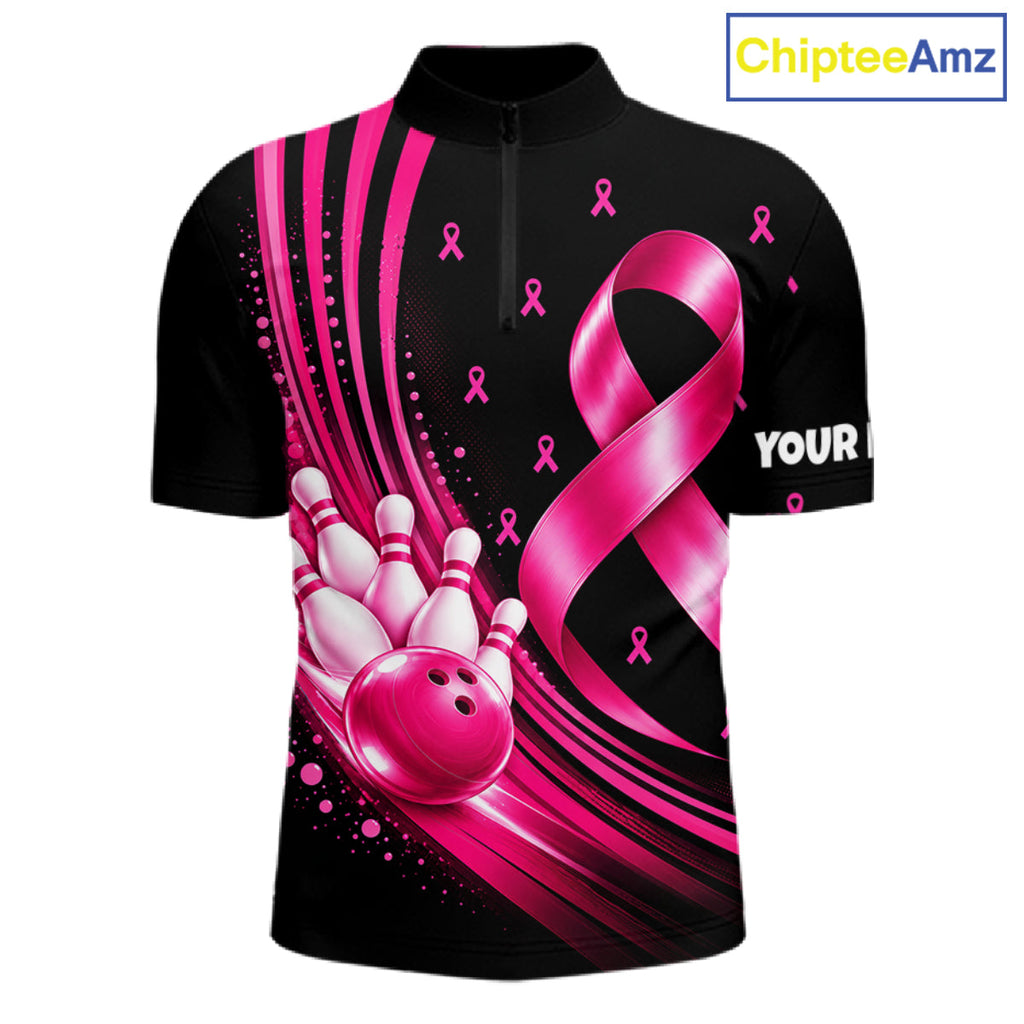 Breast Cancer Awareness Bowling Shirts Custom Polo 1/4 Zip Pink Ribbon Bowling Team Jersey