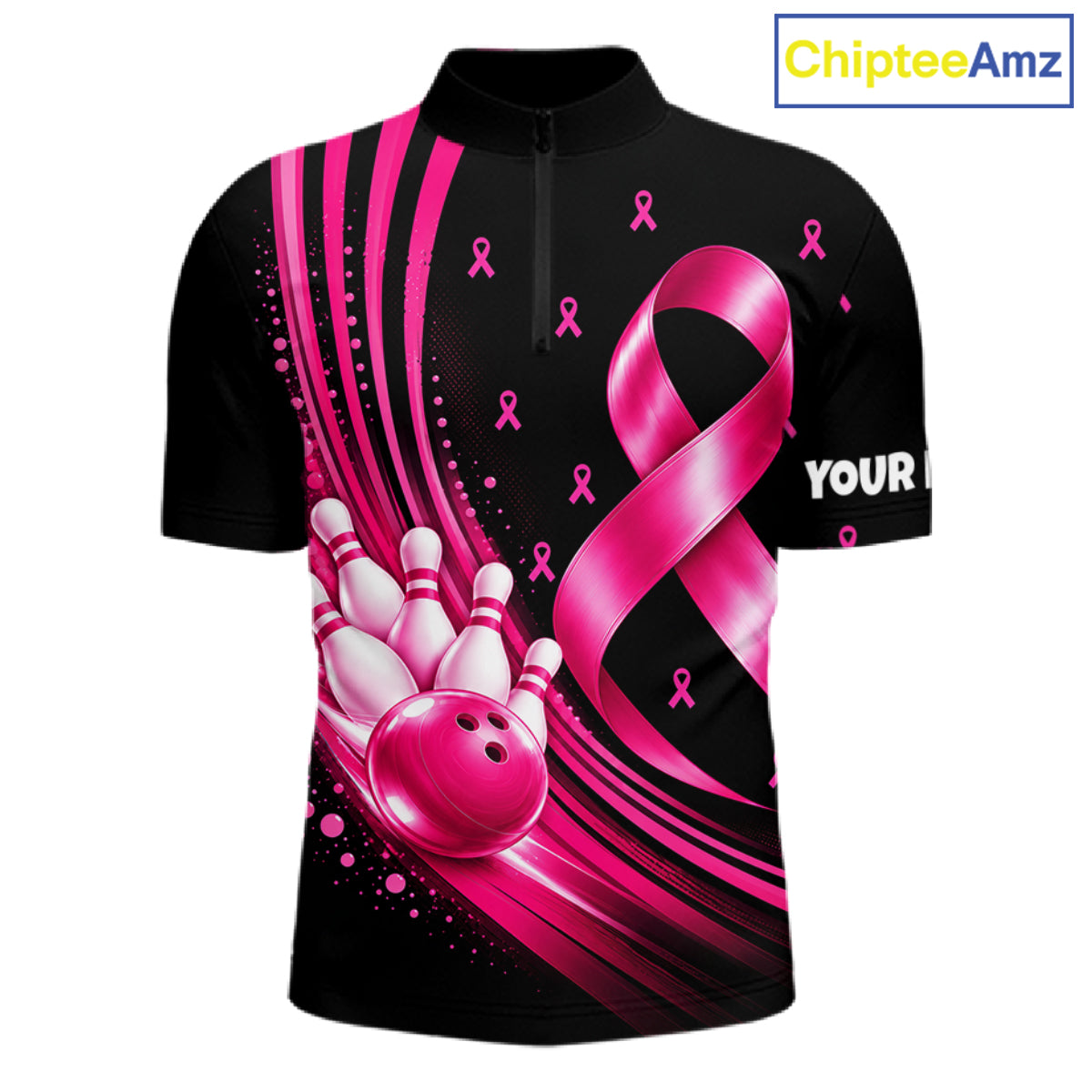 Breast Cancer Awareness Bowling Shirts Custom Polo 1/4 Zip Pink Ribbon Bowling Team Jersey