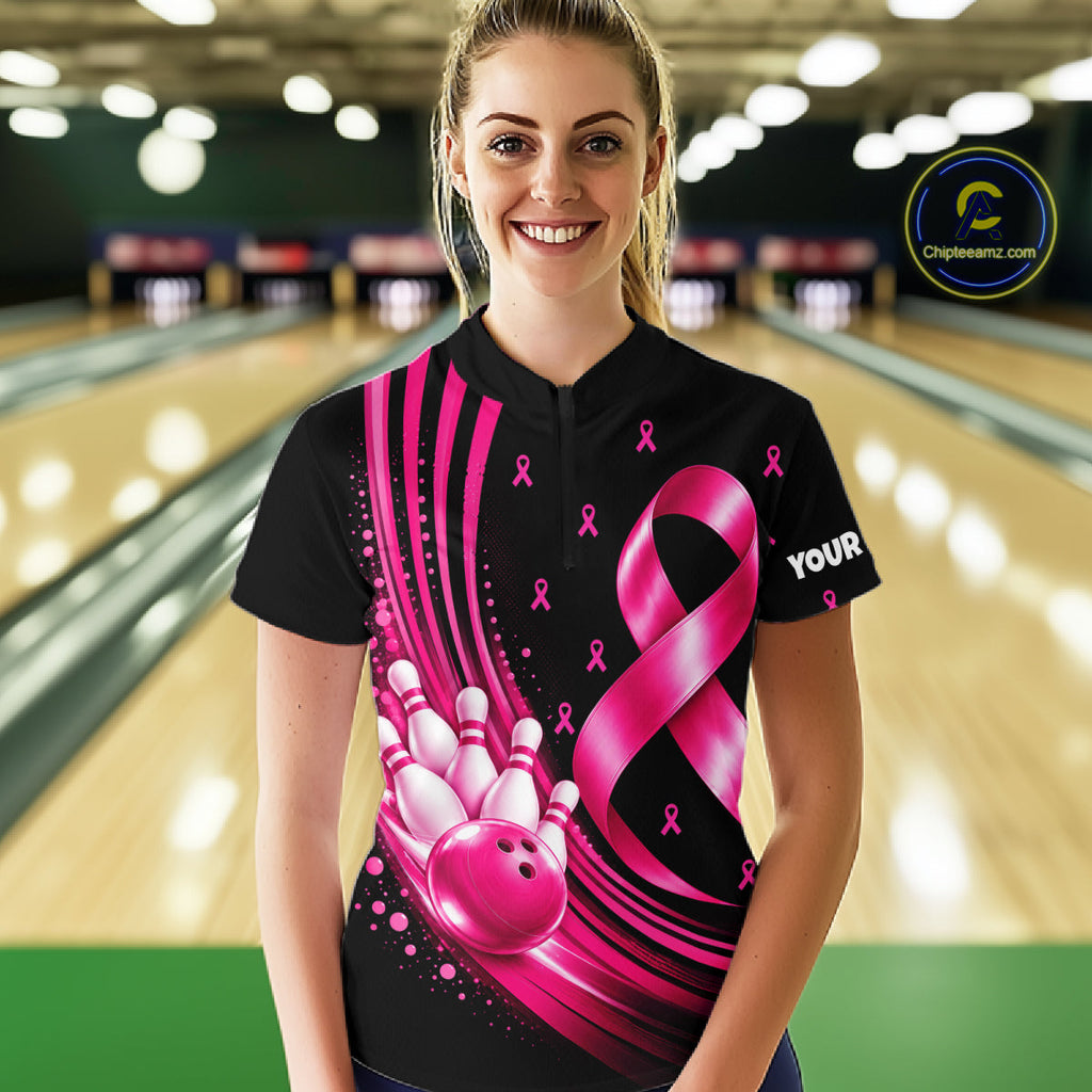 Breast Cancer Awareness Bowling Shirts Custom Polo 1/4 Zip Pink Ribbon Bowling Team Jersey