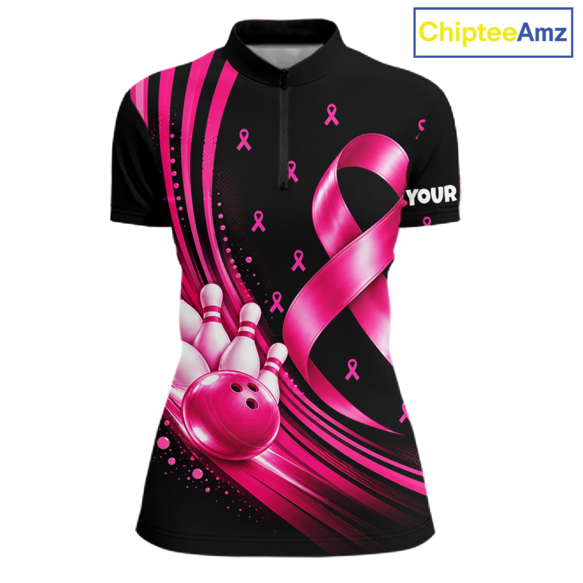 Breast Cancer Awareness Bowling Shirts Custom Polo 1/4 Zip Pink Ribbon Bowling Team Jersey