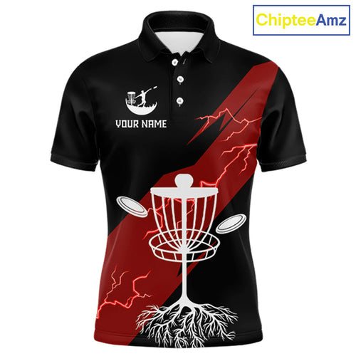 Red Disc Golf Polo Shirts Custom Thunder Lightning Team Disc Golf Jerseys, Disc Golf Gifts