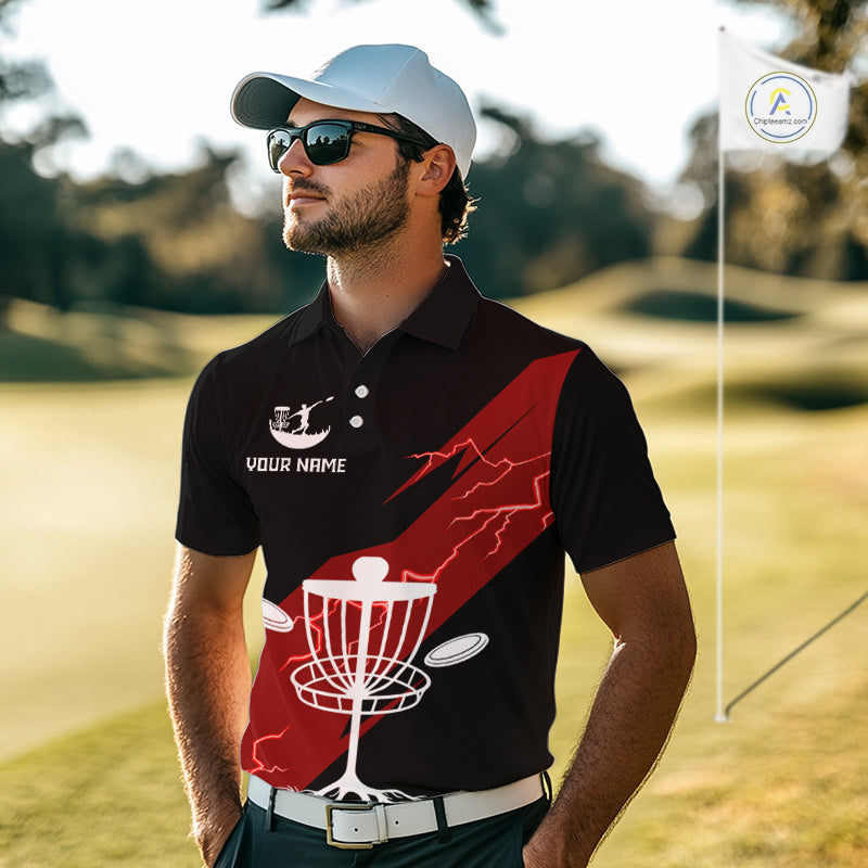 Red Disc Golf Polo Shirts Custom Thunder Lightning Team Disc Golf Jerseys, Disc Golf Gifts