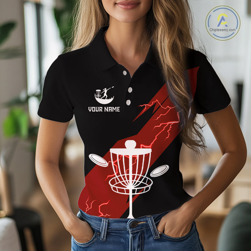 Red Disc Golf Polo Shirts Custom Thunder Lightning Team Disc Golf Jerseys, Disc Golf Gifts