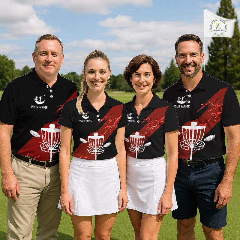 Red Disc Golf Polo Shirts Custom Thunder Lightning Team Disc Golf Jerseys, Disc Golf Gifts