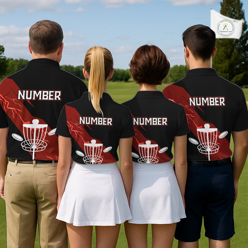 Red Disc Golf Polo Shirts Custom Thunder Lightning Team Disc Golf Jerseys, Disc Golf Gifts