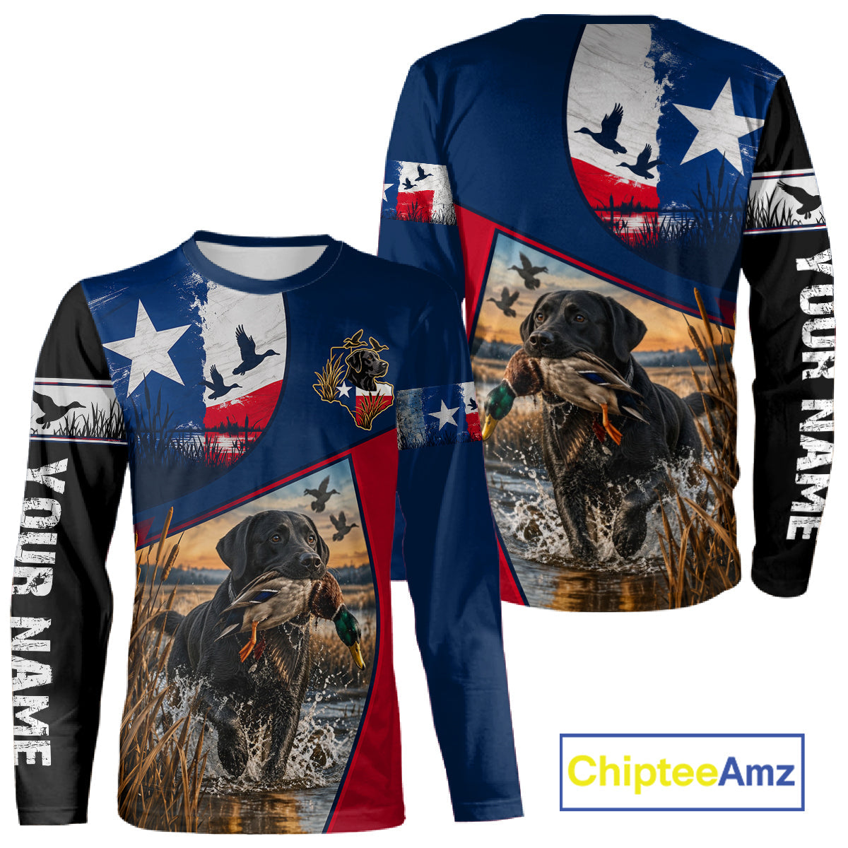 Custom Black Lab Retriever Duck Hunting Waterfowl Camo Texas Flag Custom Hunting Shirts