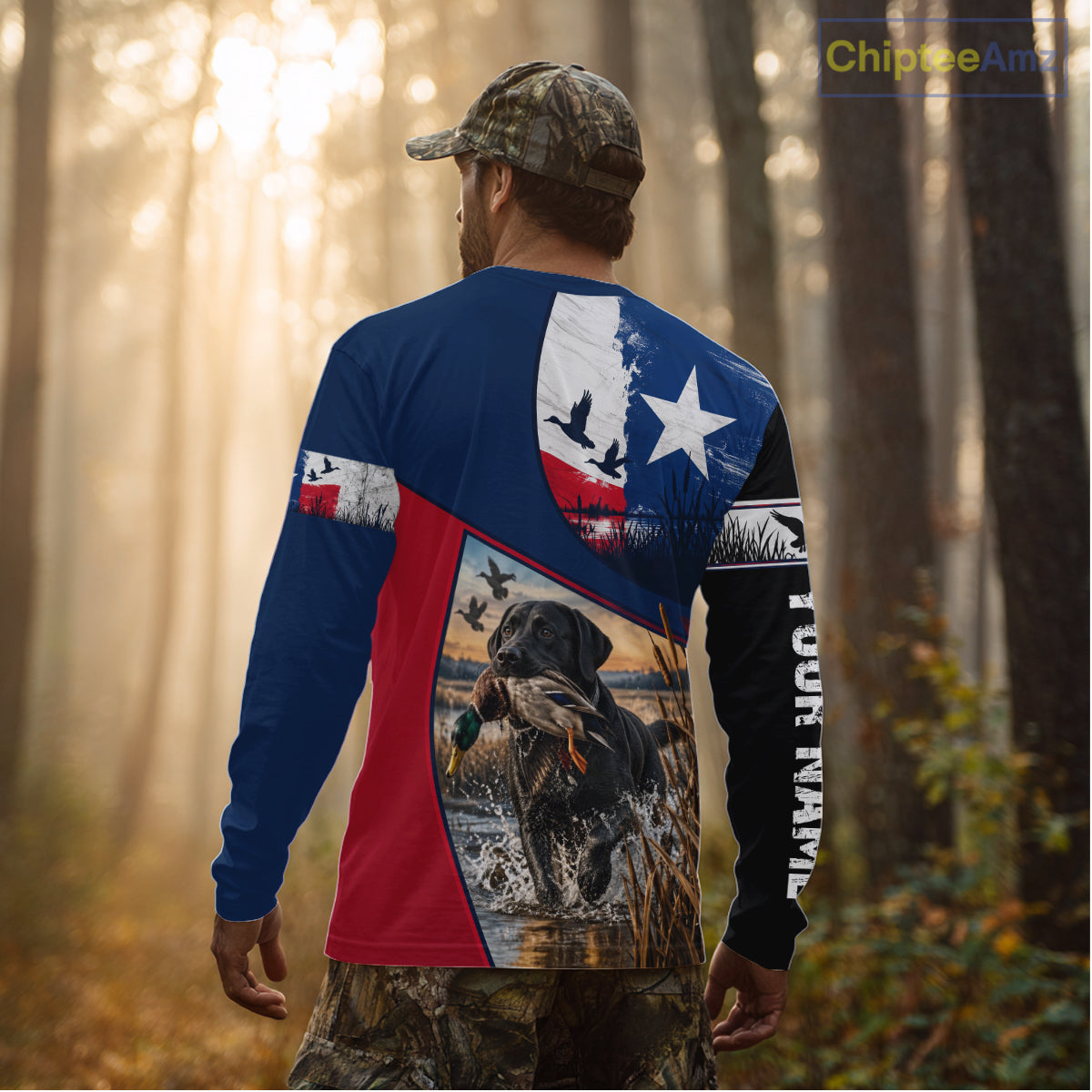 Custom Black Lab Retriever Duck Hunting Waterfowl Camo Texas Flag Custom Hunting Shirts