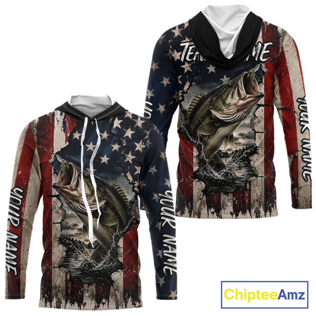 Bass Fishing 3D American Flag Patriotic Shirts Customize Hooded Bass Fishing Jerseys, Sun Protection Shirts
