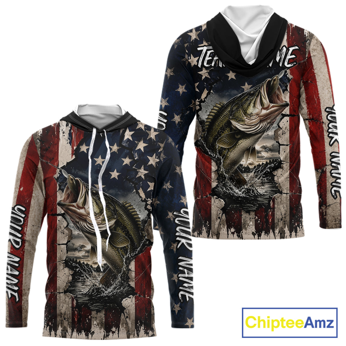 Bass Fishing 3D American Flag Patriotic Shirts Customize Hooded Bass Fishing Jerseys, Sun Protection Shirts