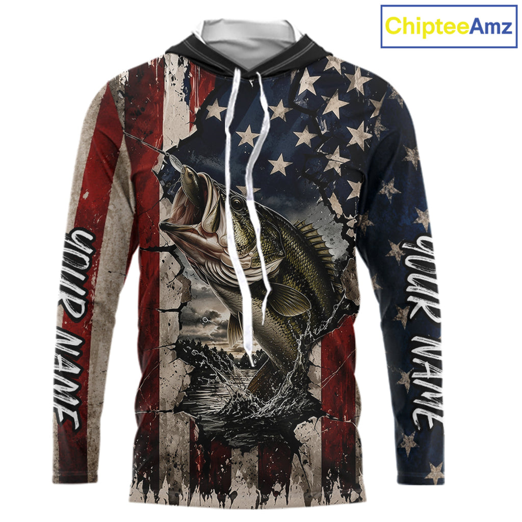 Bass Fishing 3D American Flag Patriotic Shirts Customize Hooded Bass Fishing Jerseys, Sun Protection Shirts