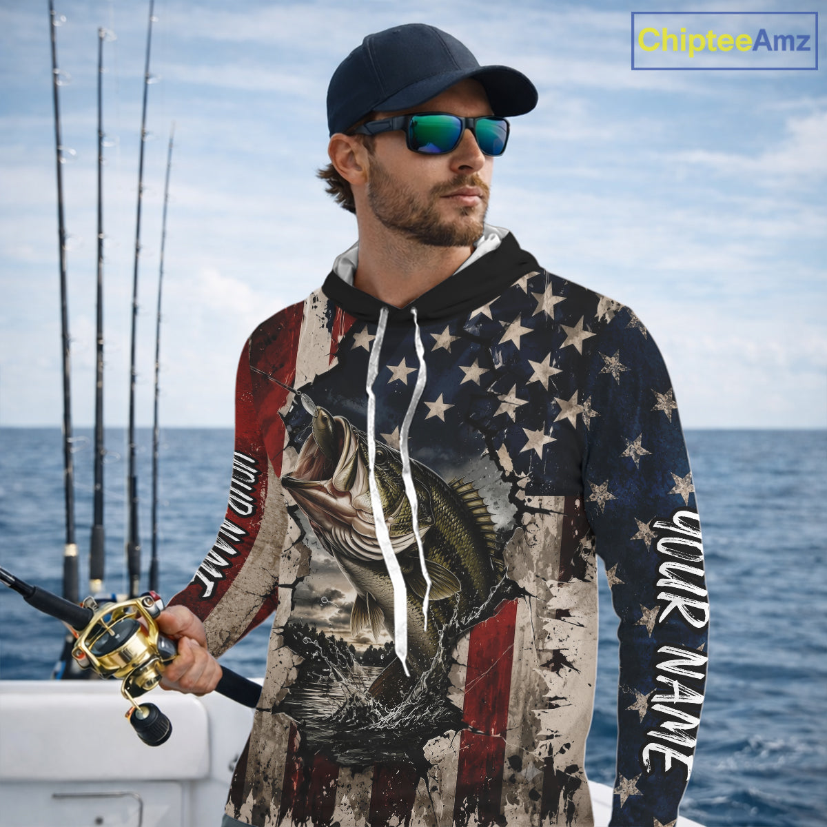 Bass Fishing 3D American Flag Patriotic Shirts Customize Hooded Bass Fishing Jerseys, Sun Protection Shirts