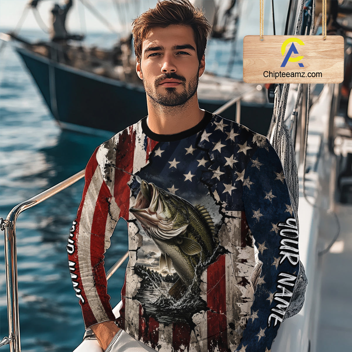 Bass Fishing 3D American Flag Patriotic Shirts Customize Bass Fishing Jerseys, Sun Protection Shirts