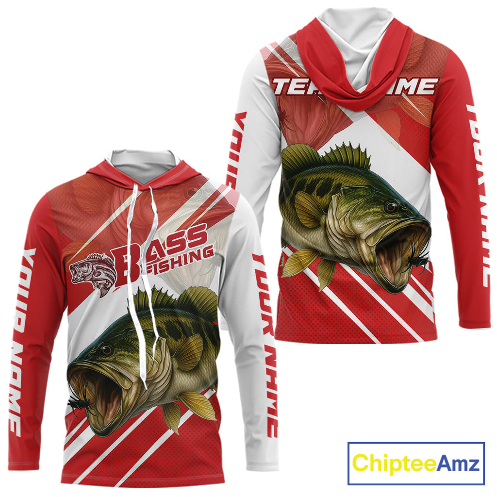 Custom Red Camo Largemouth Bass Fishing Jerseys, Bass Long Sleeve Hooded Tournament Fishing Shirts