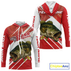 Custom Red Camo Largemouth Bass Fishing Jerseys, Bass Long Sleeve Hooded Tournament Fishing Shirts