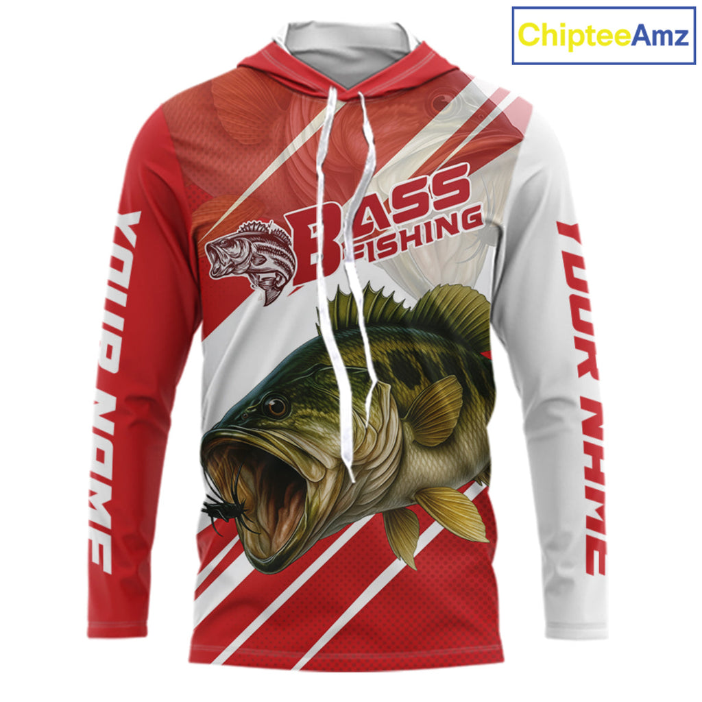 Custom Red Camo Largemouth Bass Fishing Jerseys, Bass Long Sleeve Hooded Tournament Fishing Shirts