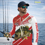 Custom Red Camo Largemouth Bass Fishing Jerseys, Bass Long Sleeve Hooded Tournament Fishing Shirts