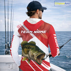 Custom Red Camo Largemouth Bass Fishing Jerseys, Bass Long Sleeve Hooded Tournament Fishing Shirts