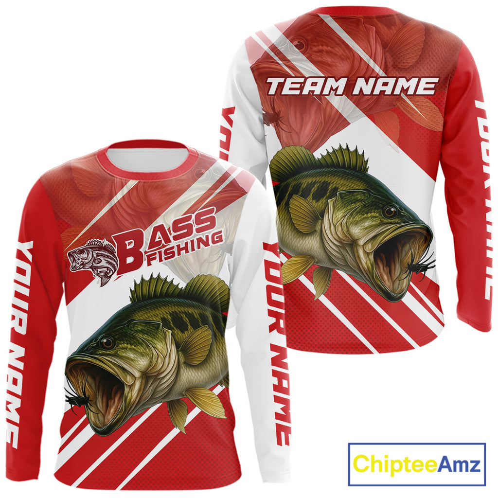 Custom Red Camo Largemouth Bass Fishing Jerseys, Bass Long Sleeve Tournament Fishing Shirts