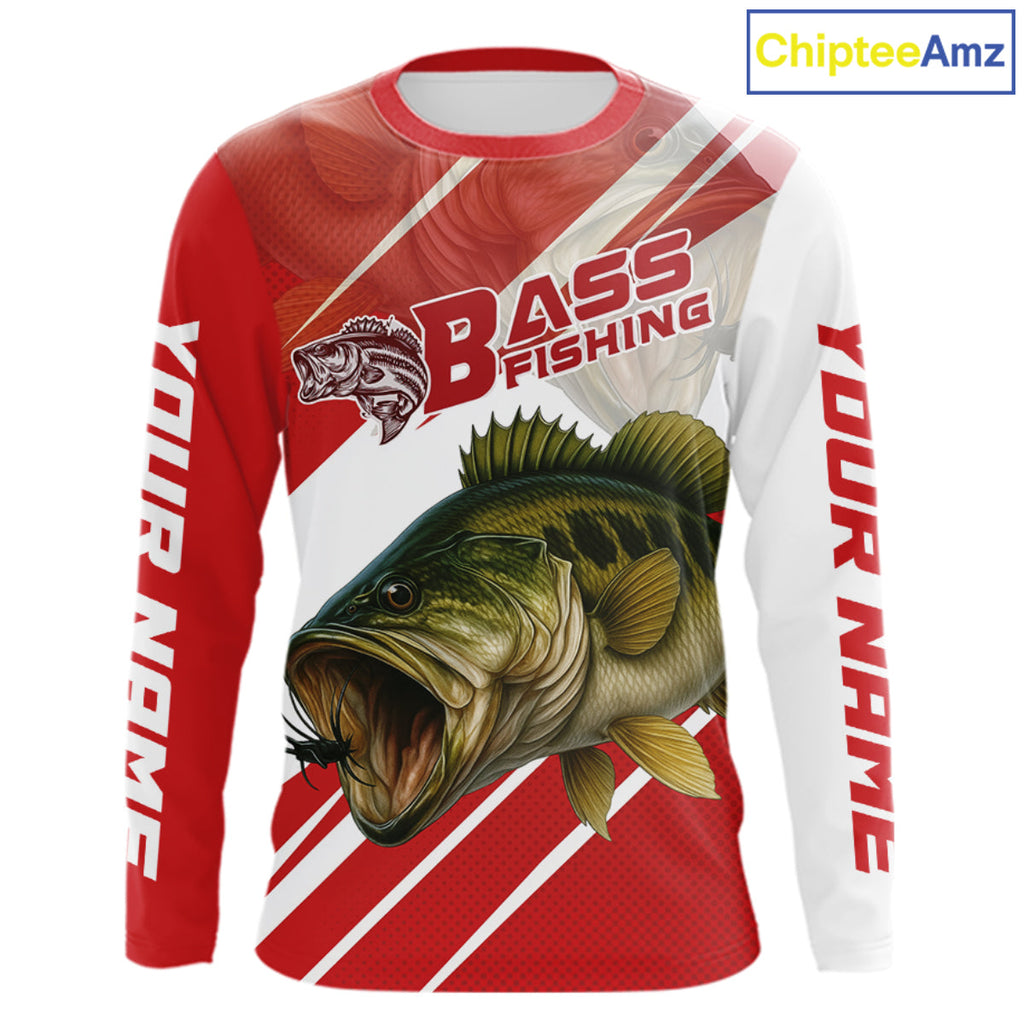Custom Red Camo Largemouth Bass Fishing Jerseys, Bass Long Sleeve Tournament Fishing Shirts