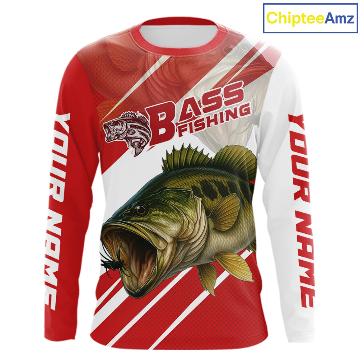 Custom Red Camo Largemouth Bass Fishing Jerseys, Bass Long Sleeve Tournament Fishing Shirts
