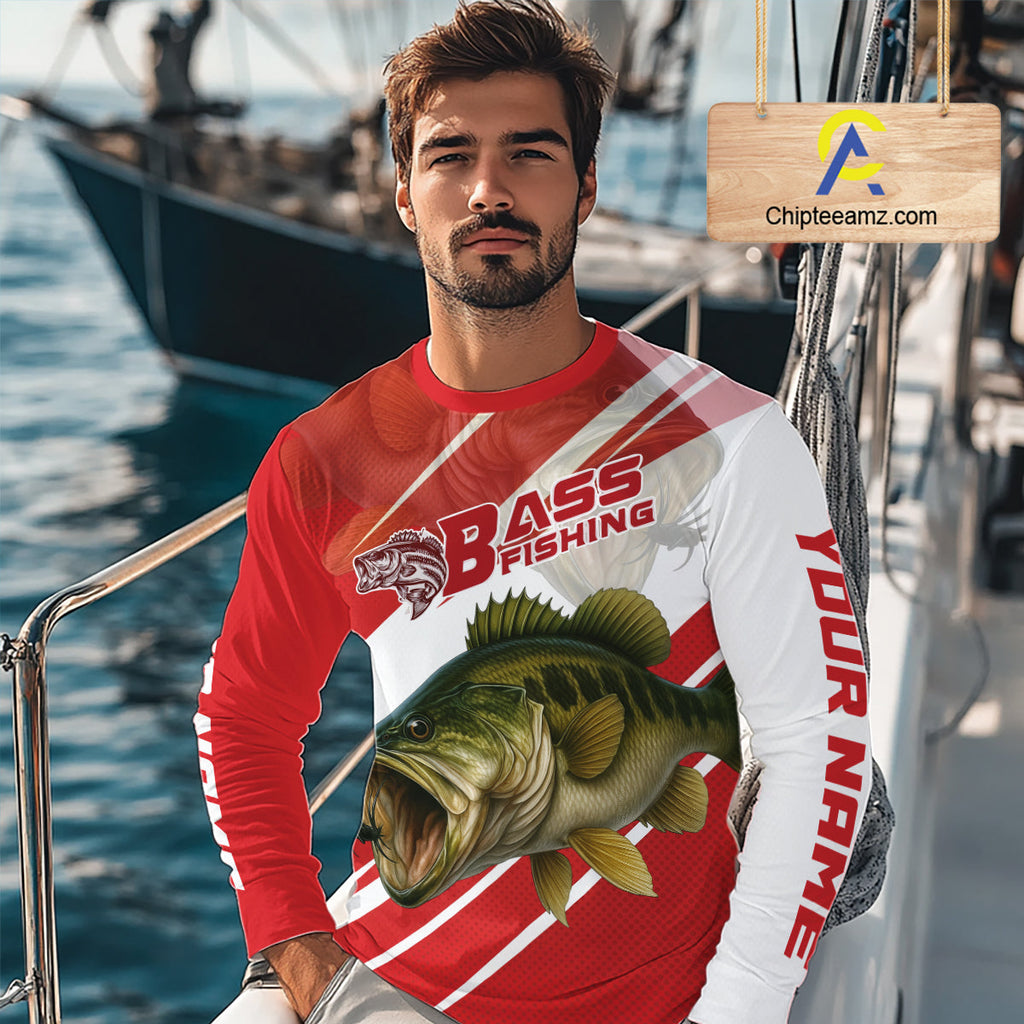 Custom Red Camo Largemouth Bass Fishing Jerseys, Bass Long Sleeve Tournament Fishing Shirts