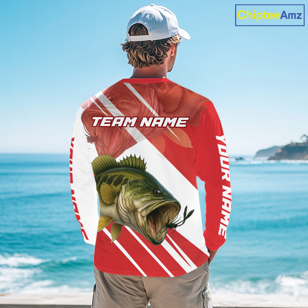 Custom Red Camo Largemouth Bass Fishing Jerseys, Bass Long Sleeve Tournament Fishing Shirts
