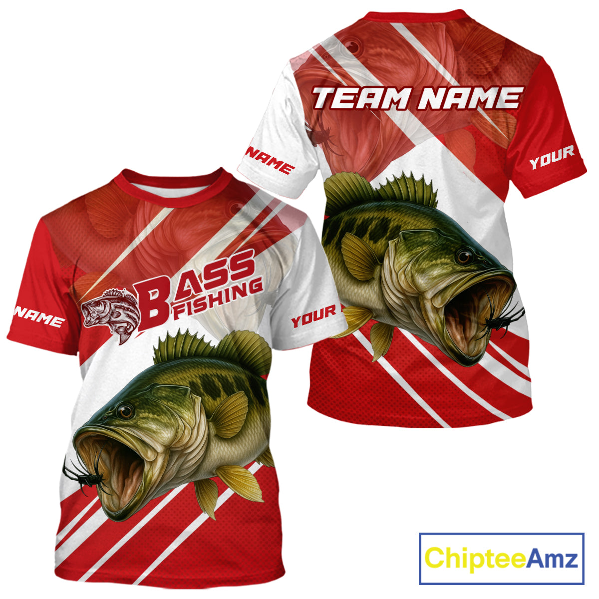 Custom Red Camo Largemouth Bass Fishing Jerseys, Bass Tournament Fishing T-Shirts