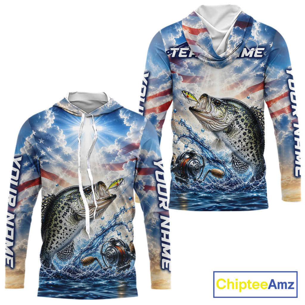 Custom Faith Crappie American Flag Patriotic Long Sleeve Hooded Fishing Shirt, US Fishing Jerseys