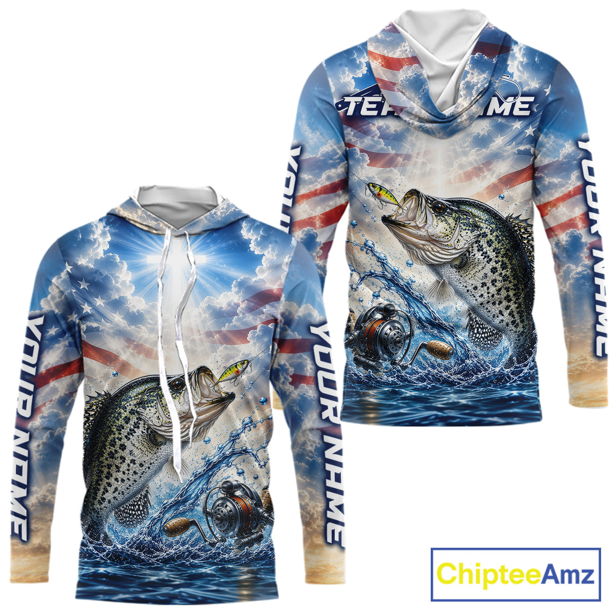 Custom Faith Crappie American Flag Patriotic Long Sleeve Hooded Fishing Shirt, US Fishing Jerseys